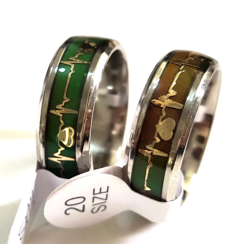 20pcs ECG Mood Ring Mens Electrocardiogram Color Change Stainless Steel Wedding Rings Fashion Womens Ring Male Unique Jewelry Gift Favor