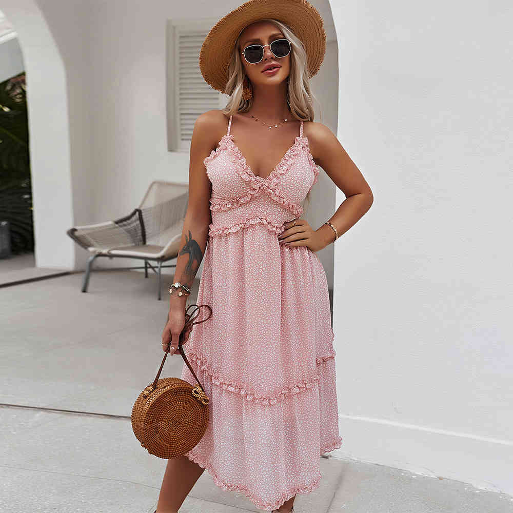 Women Dress Ruffles V-neck Sleeveless Bohemian es For Plus Size Vintage Sexy Print Girls Summer 210513