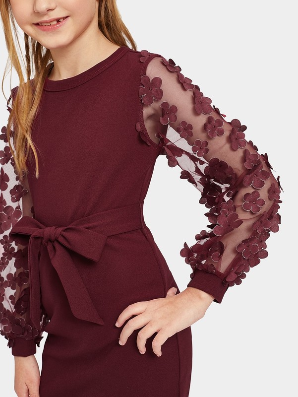 Girls Mesh With Appliques Belted Dress SHE
