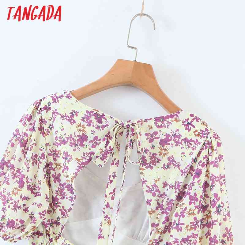 Summer Women Flowers Print Backless Bow Short Sleeve Ladies Mini Dress Vestidos 8M9 210416
