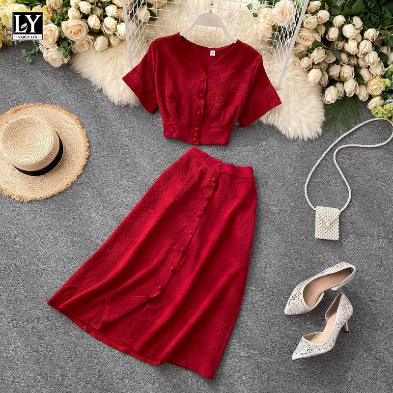 LY VAREY LIN Summer Women Casual V Neck Single Breasted Crop Tops High Waist A-line Solid Color Skirt Two Piece Set 210526