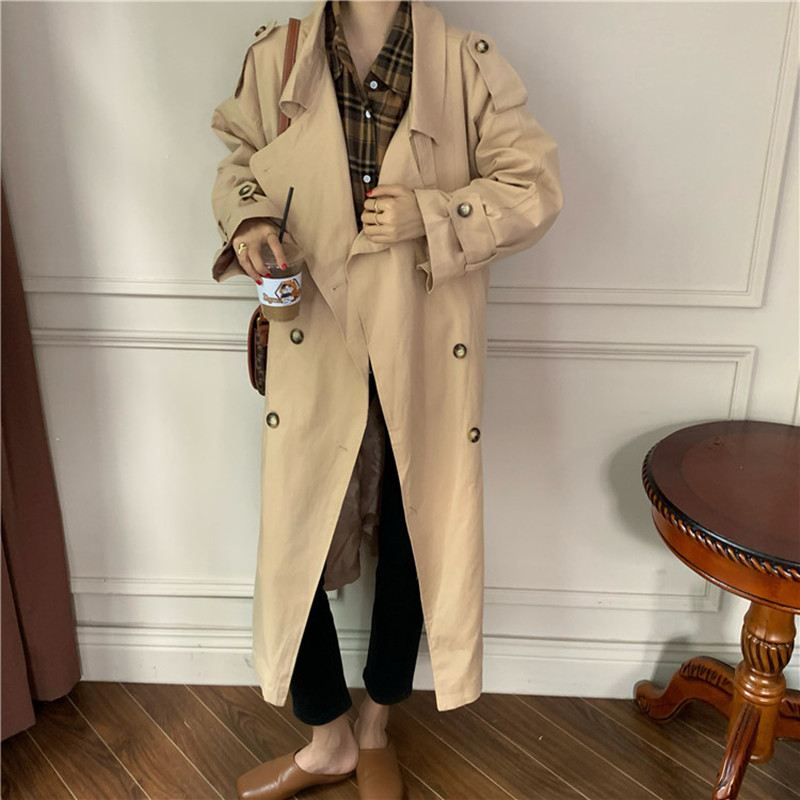 Minimalist Double-breasted Long Trench Coat Elegant OL Overcoat Autumn Solid Work Sleeve Lapel Windbreaker 210421