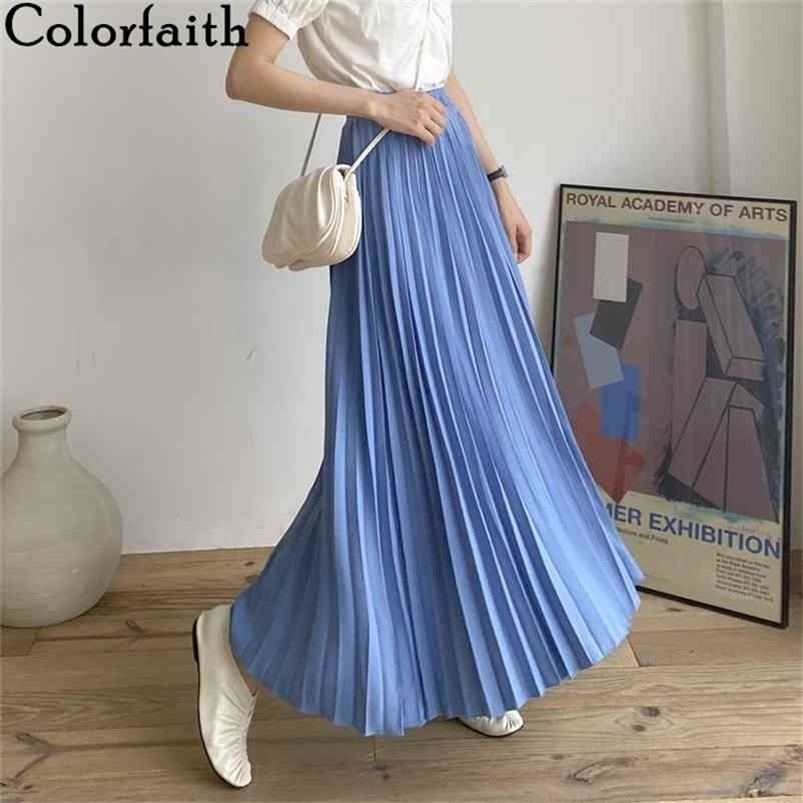 Colorfaith Women Casual Chiffon Maxi Skirt Spring Summer Pleated Multi Colors Fashion Flared High Waist Long Skirts SK1075 210621