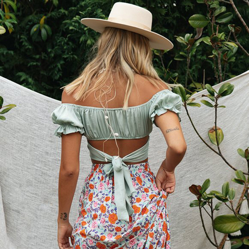 New Fashion Short Pleated Tops Women Sexy Solid Ruffles Lace Up Off The Shoulder Top 210413