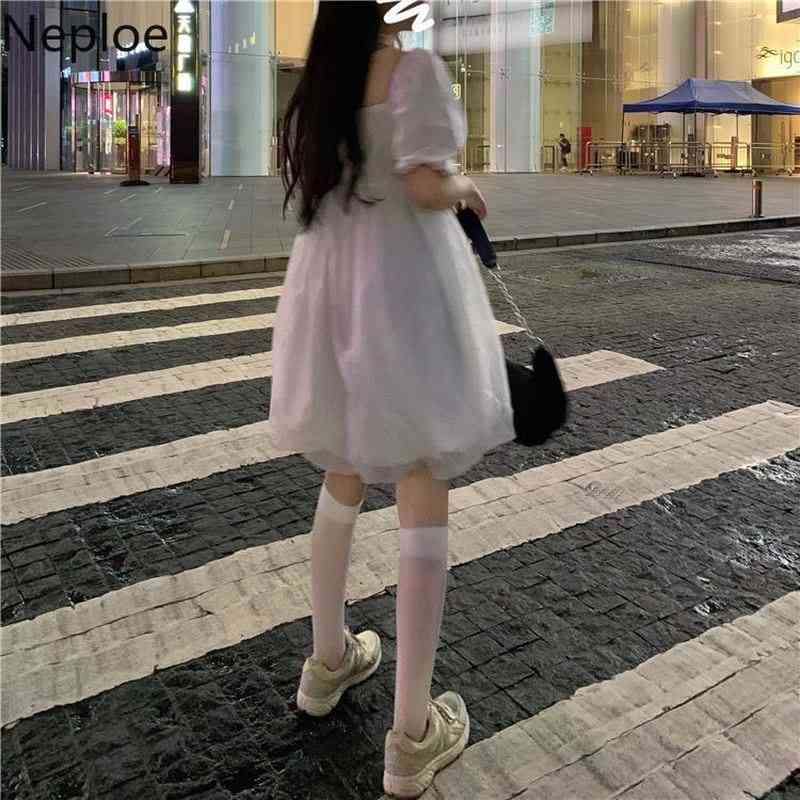Neploe White Gauze Dress Women Lolita Puff Sleeve Kawaii Cute High Waist Dresses Fashion Korean Streetwear Slim Vestidos 210422