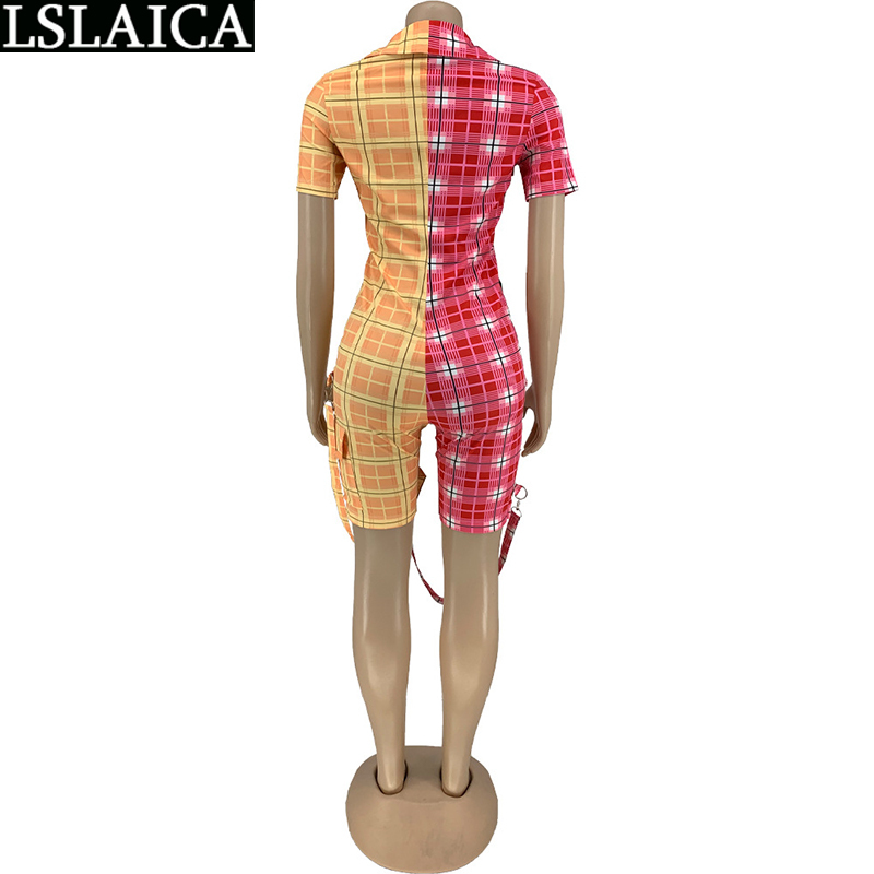 Casual Jumpsuits Plaid Printing Color Matching Clothes for Women Patchwork Slim Zipper Fashion Arrival Cortos De Mujer 210520