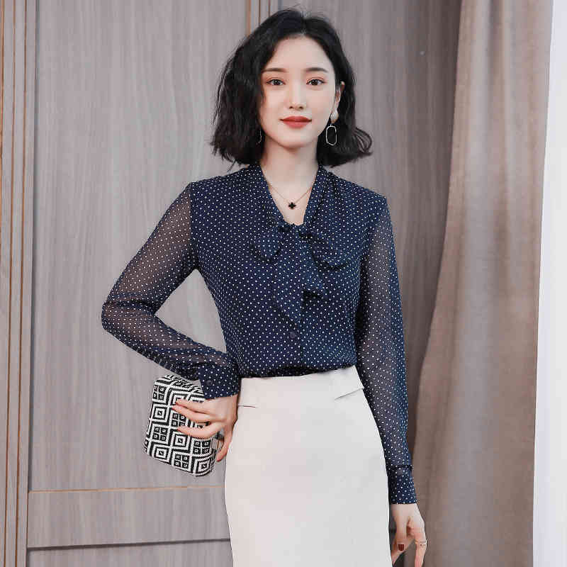 Fashion blue dot print chiffon blouse shirt womens tops and s Bow collar offoce long sleeve women shirts 1864 50 210506