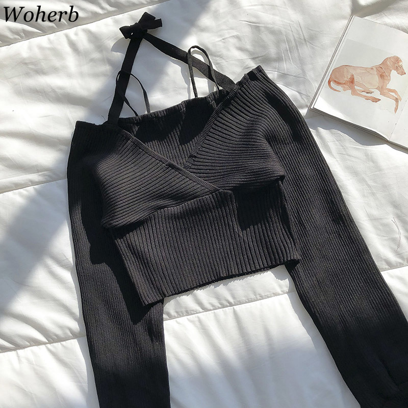 Woman Sweaters Chic Korean Crop Tops Sexy Lady Knitted Cropped Pullovers V-neck Lace Up Jumper Slim Fit Sueter Coat 4G625 210519