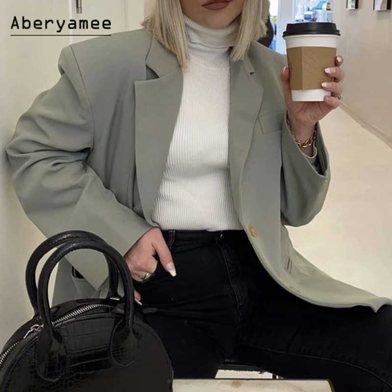 Aberyamee Women's Overshirt Oversized Blazer Long Sleeve Notched Jackets Autumn Pockets Ladies Outwear Green Clothes Female 210930