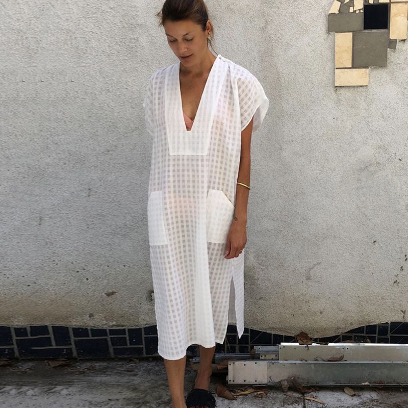White Plaid Swimsuit cover up Beach Tunic Sarong Robe de Plage wear kaftans long Dress Womens Swim Wear #Q819 210420