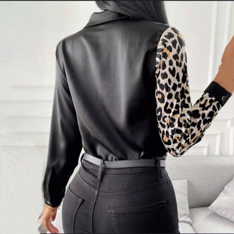 Women's Blouses & Shirts Leopard Patchwork Casual Shirt Blouse Woman Autumn Fashion Button Long Sleeve For Women 2021 White Print Office Top
