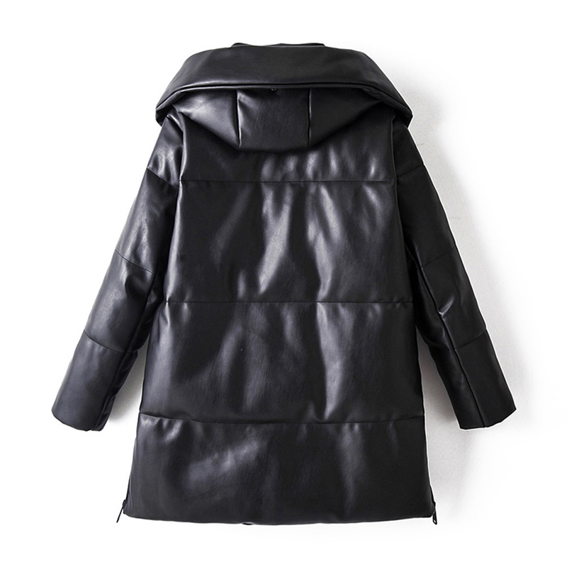 Winter Casual Faux Leather Black Coat Women Long Sleeve Thick Warm Jacket Lady Pu Leather Midi Long Hooded Tops 210414