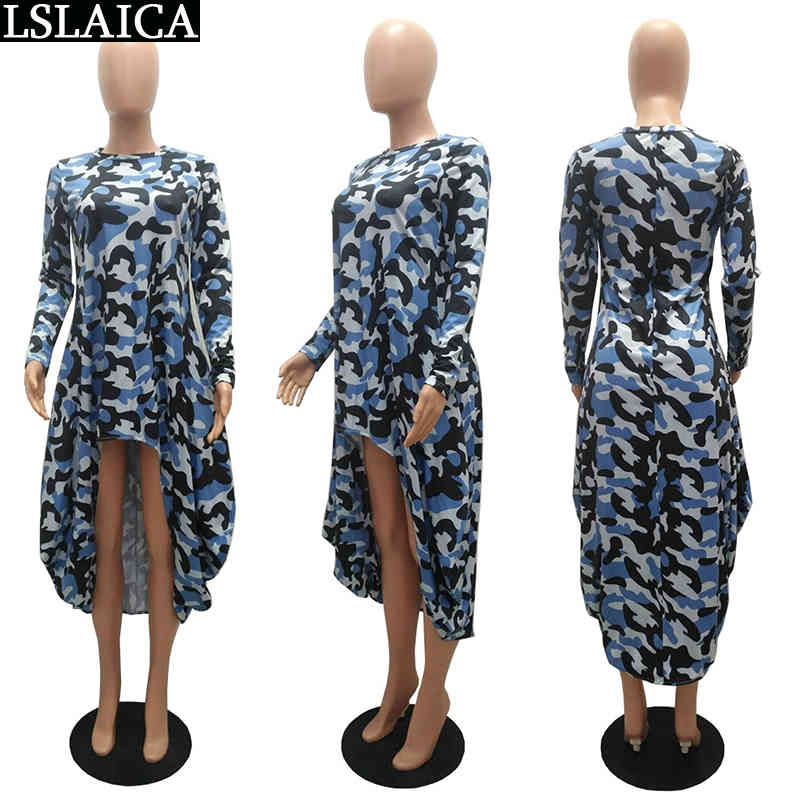 Loose Long Sleeve Dress for Women Camouflage Print Irregular Hem Woman Africa Elegant Streetwear es Autumn 210515
