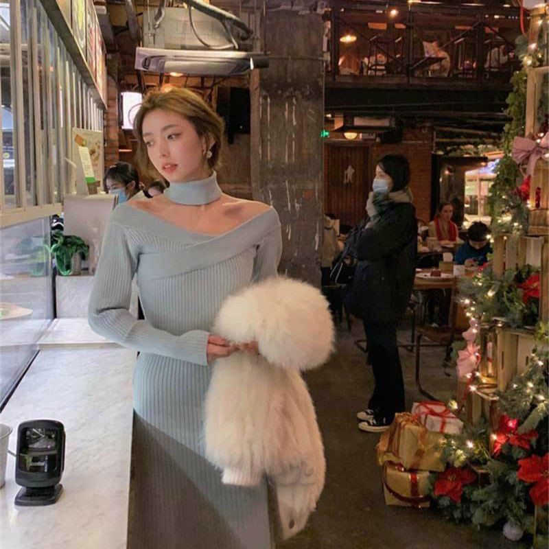 Office Knit Dress Women Long Sleeve Midi Vintage Sweater Dress Female Evening Party Elegant Dress Korean Spring 210521