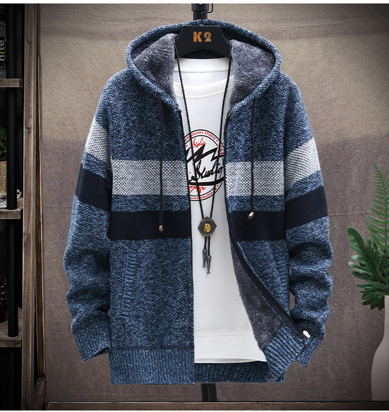 5 Colors Mens Sweaters Winter Cardigan Sweater Coats Thick Hooded Men Striped Clothes Plus Velvet7246586