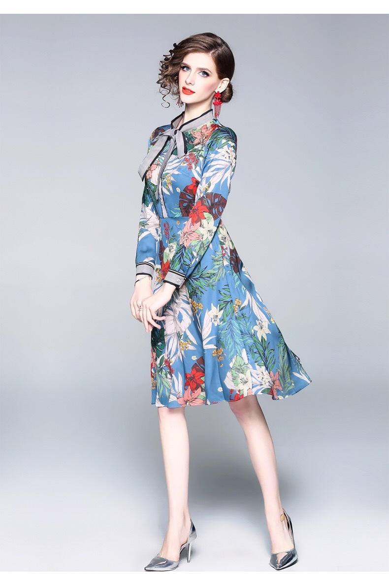 blue knee length dress bow collar tropical floral printed long high waist A-line dresses for women chic vestidos 210421