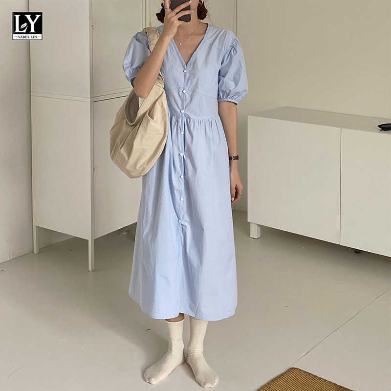 LY VAREY LIN Summer Women Casual V-neck Single Breasted Dresses Sweet Puff Sleeve Solid Color Office Lady 210526, Black
LY VAREY LIN Summer Women Casual V-neck Single Breasted Dresses Sweet Puff Sleeve Solid Color Office Lady 210526, Black