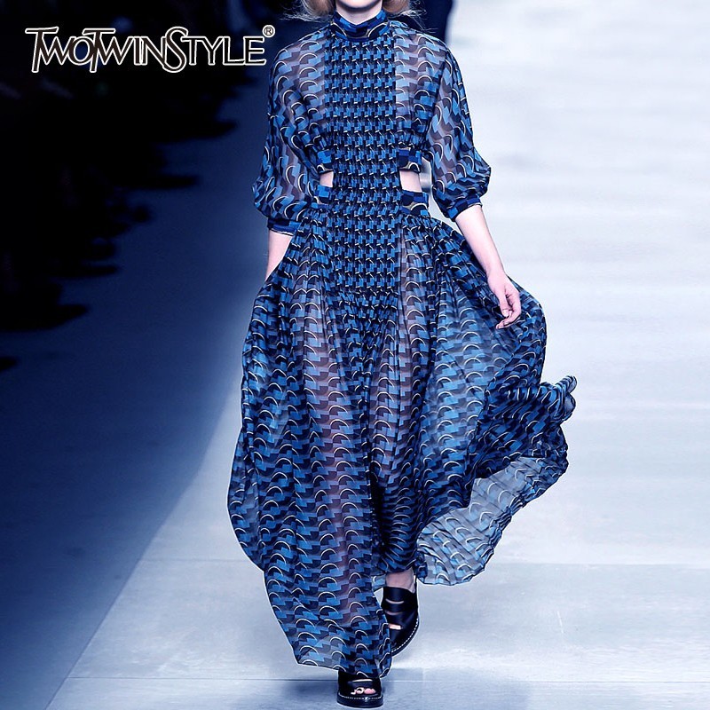 TWOTWINSTYLE Summer Print Dress For Women Stand Collar Long Sleeve High Waist Hollow Out Midi Dresses Female Fashion 2021 New, Blue
TWOTWINSTYLE Summer Print Dress For Women Stand Collar Long Sleeve High Waist Hollow Out Midi Dresses Female Fashion 2021 New, Blue