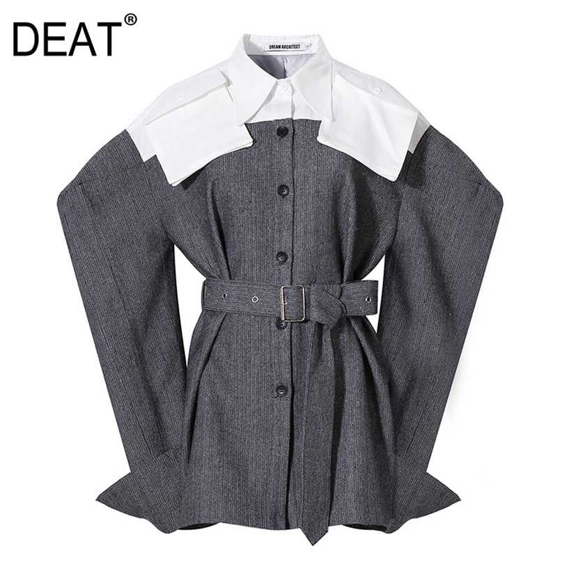 DEAT Women Gray High Street Patchwork Blazer Lapel Long Sleeve Loose Fit Jacket Fashion Autumn Winter GX907 211122