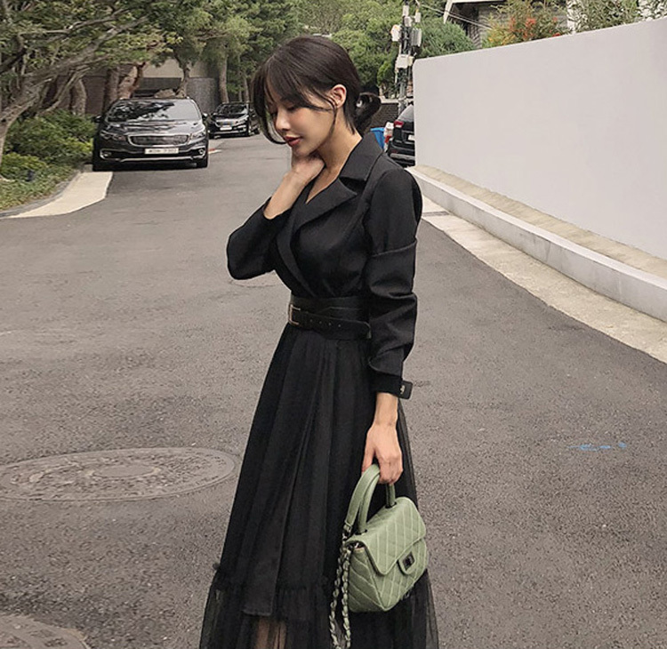 Elegant Blazer Dress Spring Casual Mesh Patchwork Long Sleeve With Belt Big Swing es Vestidos 210520