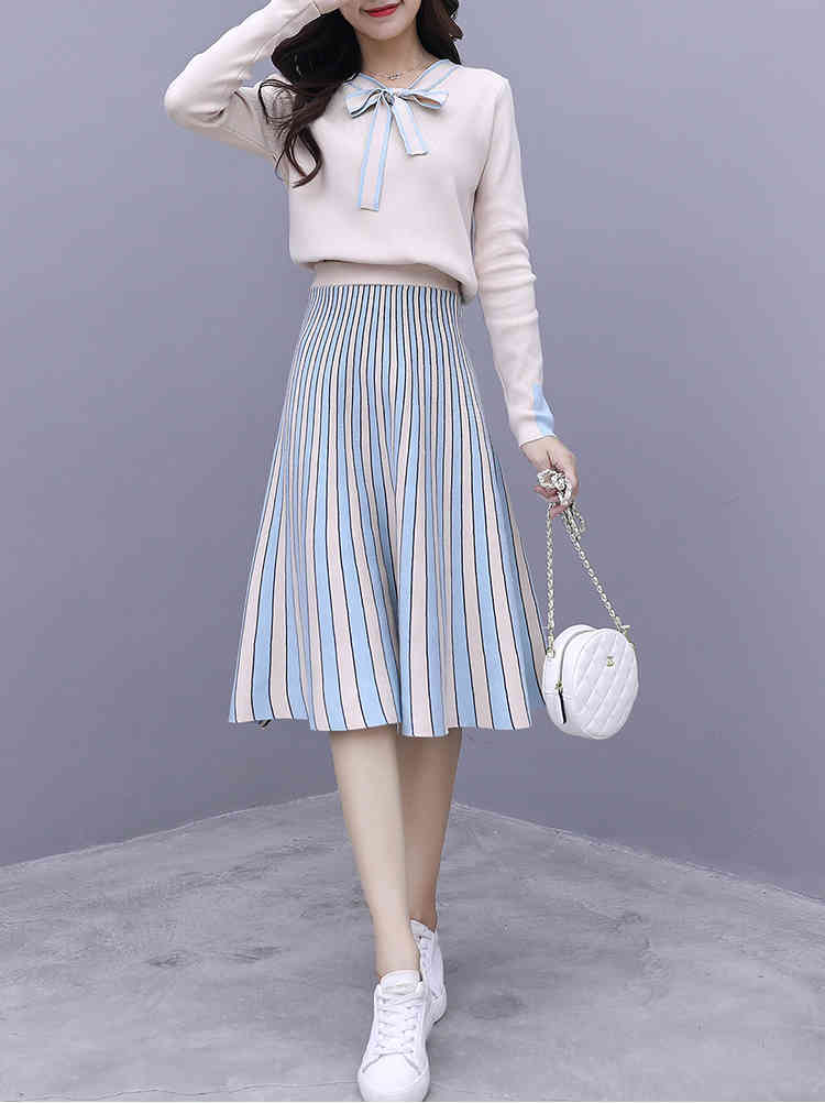 Autumn Two Piece Set Women Elegant Bow tie Knit Pullover Sweater Top + Stripe pleated Midi Skirt Suit 210519