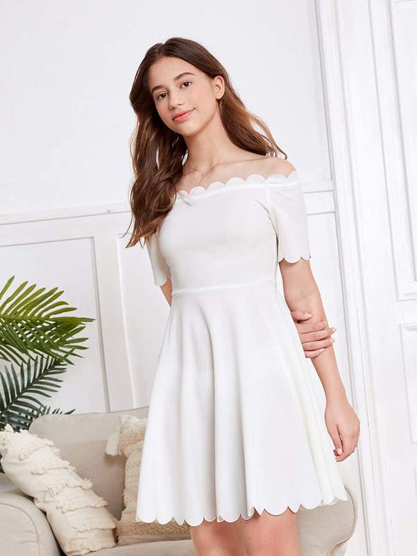 Teen Girls Off Shoulder Scallop Trim Flare Hem Dress SHE