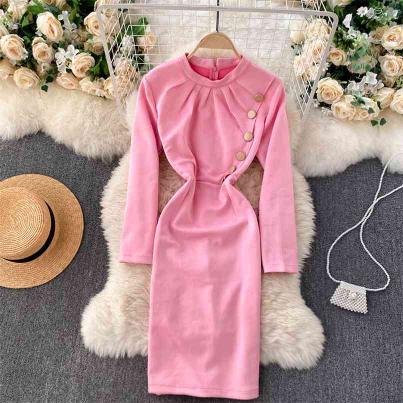 Autumn Winter Women Dress Solid Color Slim Bodycon Long Sleeve O-neck Button Deco Elegant Casual Work Party 210603, Black
Autumn Winter Women Dress Solid Color Slim Bodycon Long Sleeve O-neck Button Deco Elegant Casual Work Party 210603, Black