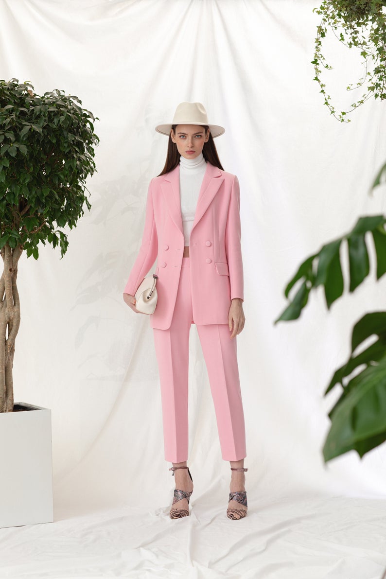 Graceful Pink Blazer Suits Women 2 Pieces Slim Fit Double Breasted Evening Party Prom Office Lady Outfit Tuxedos (Jacket+Pants)