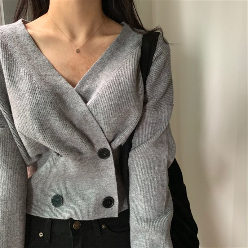 Autumn Loose Sweet Women Girls Warm V-Neck Fashion Female Cross Fresh High Waist Casual Knitted Short Sweaters 210421