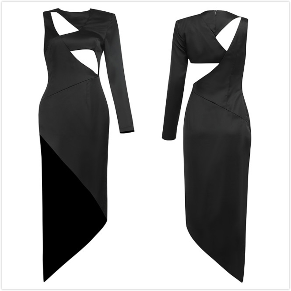 Free Women's Sexy Midi Dress Round Neck One Shoulder Long Sleeve Bodycon Hollow Club Party Split Vestido 210524