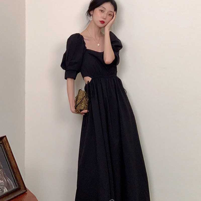Korean Drawstring Hollow-out Slim Waist Woman Dress Puff Sleeve Square Collar Causal Elegant Vestido 6H740 210603