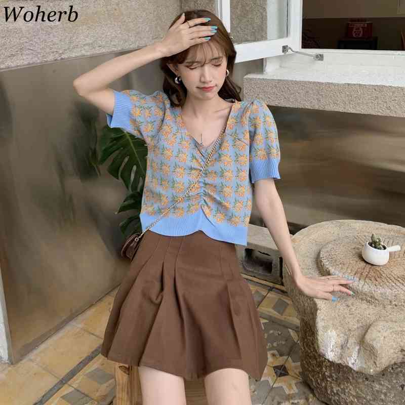 Stretch Knit Jacquard Crop Top Korean Square Neck Sweet Pullover T Shirt Fresh Temperament Drawstring Short Thin Jumper 210519