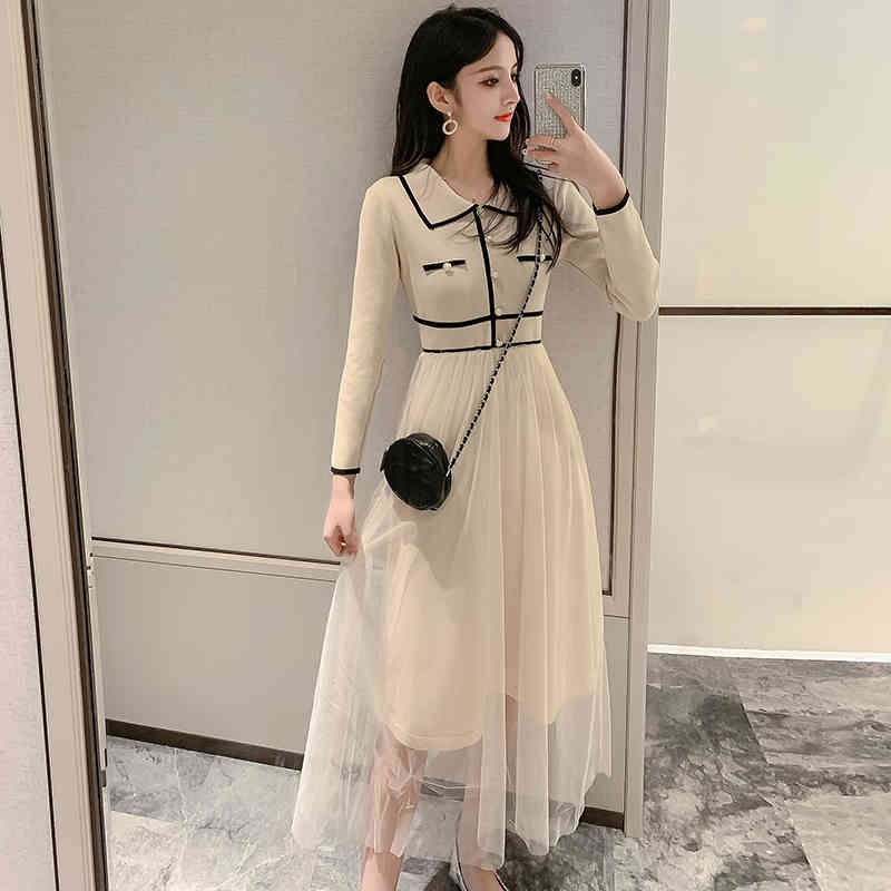 Comelsexy Autumn Women Small Fragrance Color Contrast Lapel Pearl Mesh Stitching Knit Dress Sweet Slim Dress Vestidos 210515