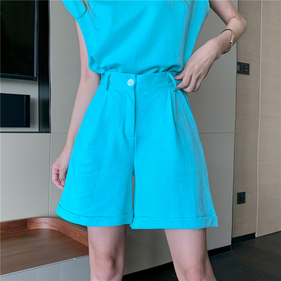 Summer Two Piece Suit Women Vintage Casual Chain O-Neck Sleeveless T- Shirt + High Waist Shorts Mujer Sets 210519