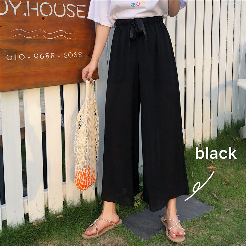 Pants & Capris Summer Loose High Waist Black Chiffon Wide Leg Pant Women Thin Ankle Length Retro Casual Elastic Fashion 210429