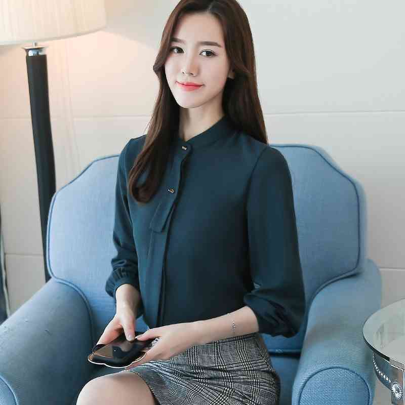 fashion autumn women blouse Korean style collar snow chiffon office lady long puff sleeve blusa 0902 40 210506