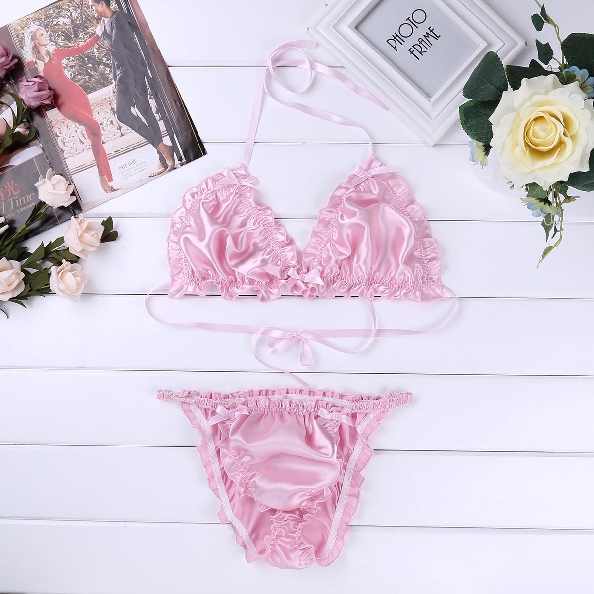 Mens Sissy Lingerie Babydoll Ruffled Frilly Shiny Bikini Lingerie Set Strappy Halter Bra Top with Briefs Erotic Gay Underwear
Mens Sissy Lingerie Babydoll Ruffled Frilly Shiny Bikini Lingerie Set Strappy Halter Bra Top with Briefs Erotic Gay Underwear