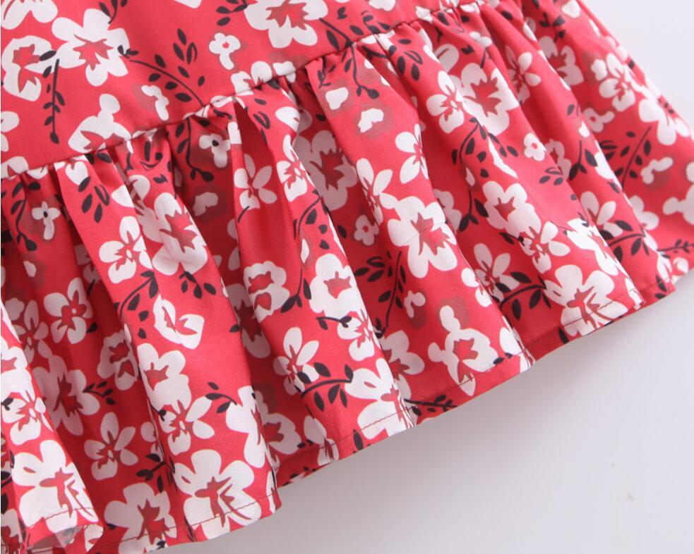Vintage Red Floral Print Ruffles Hem Lacing Up Waist Women Dress Deep V Neck Beach Dresses Casual 210429