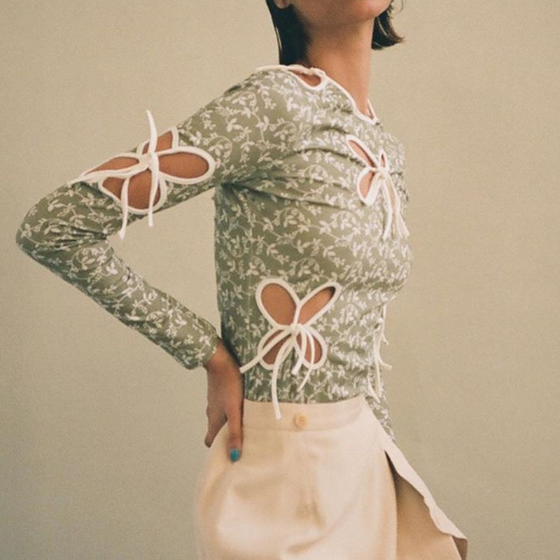 Vintage Butterfly Hollow Out Bandage Long Sleeve T-shirts Streetwear Floral Print O-neck Tops Y2K Fashion Outfits Tee Tops 210515