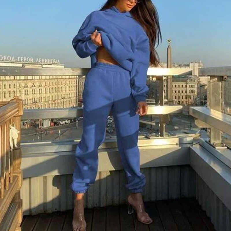SpotLtWM Casual Women Fleece Tracksuit Autumn Winter Loose Suits Hoodies Pullover Sweatshirt And High Waist Pants Two Piece Set 211007