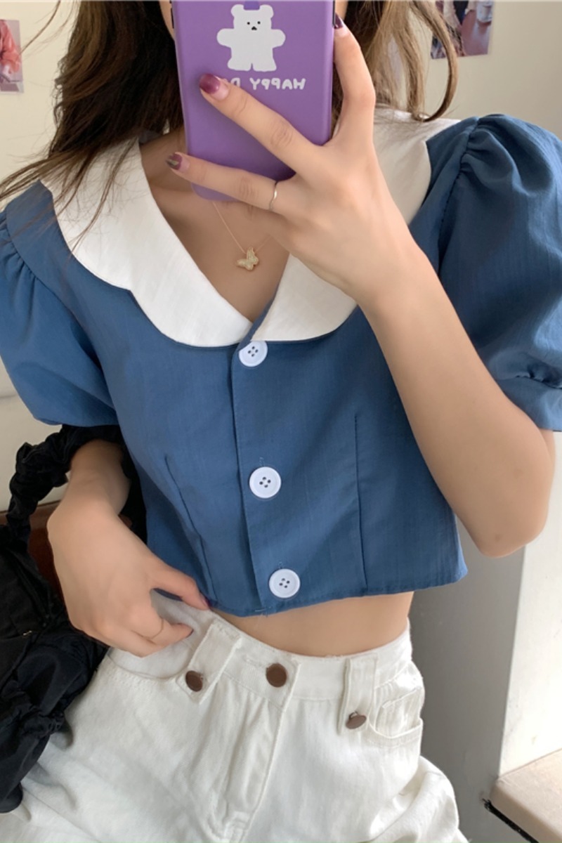 Neploe Women Blouses Peter Pan Collar Sweet Puff Sleeve Crop Tops Summer Blusas Mujer Korean Fashion Sexy Blouse Shirt 210422