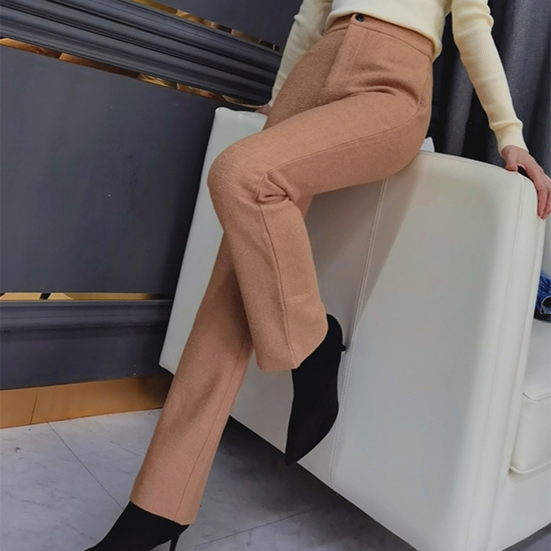 TWOTWINSTYLE Straight Tweed Thick Pants For Women High Waist Solid Minimalist Casual Trouser Female Autumn Clothing Fashion 210517