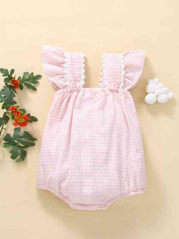 Baby Gingham Print Floral Embroidery Ruffle Trim Bodysuit SHE