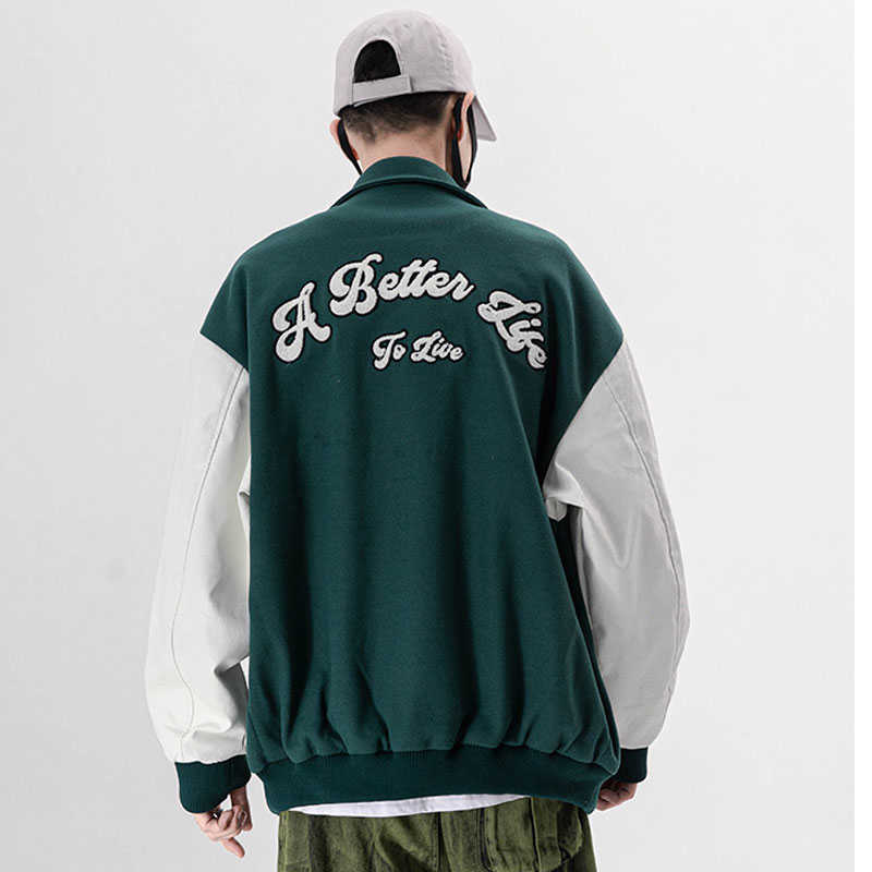 Men's Varsity Uniform Baseball Jacket PU Leather Sleeve Single Breasted Appliques Bomber Jacket Embroidery Patches Casual Coat 210818