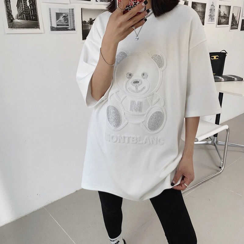T-shirt Women's Short Sleeve Plus Size Summer Bear Half Top Loose Mid-length Tshirt Diamonds Graphic Tee 210720
