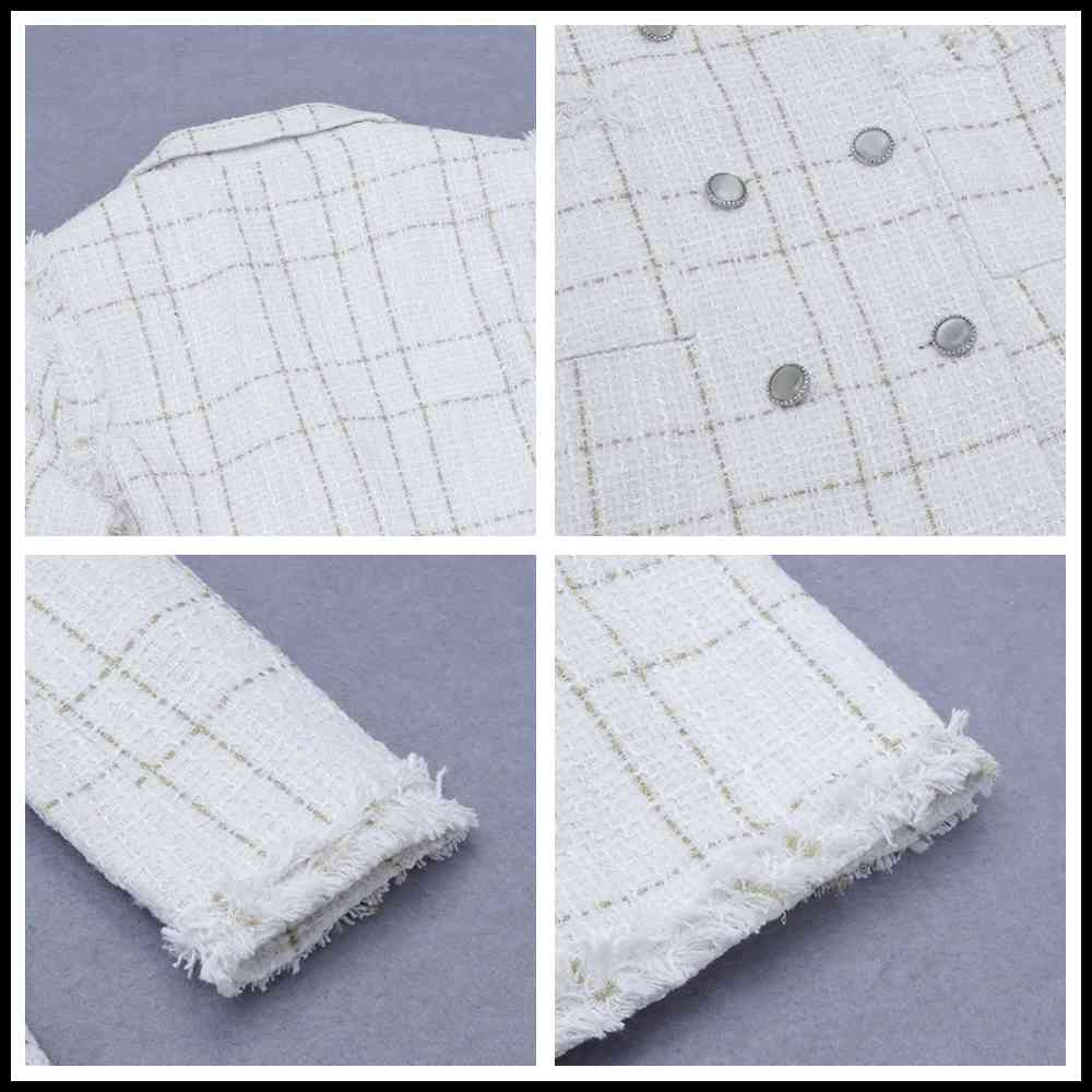 Gold Line Plaid Suit V-Neck Ladies Notched Double-Breasted Feather Tassel Trim Slim Sexy Party Tweed Coat 210525