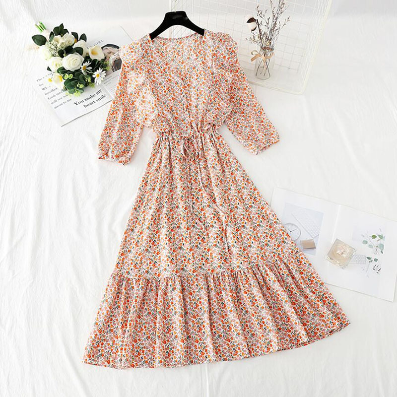 Small Fresh Floral Dress Summer Short Sleeve Elegant Ladies V-neck Chiffon Long Dress Party Vestidos Sweet Woman Clothes 210521