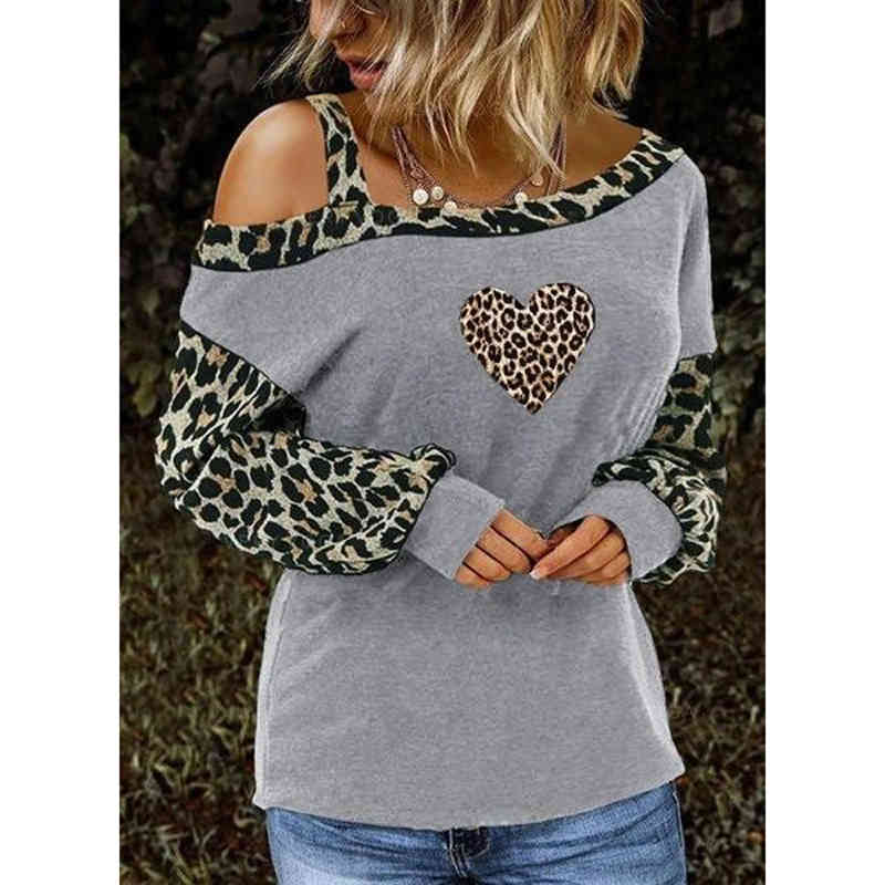 Women's Clothing T-shirts Leopard Valentine's Day Slanted Shoulder Leopard Print Love Long Sleeve T-shirts Top Pullover 210515