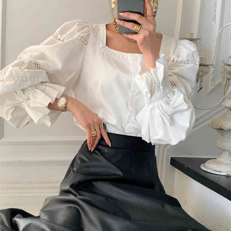 Nomikuma Elegant Square Collar Women Shirt Korean Hollow-out Puff Sleeve Blouse Tops Spring New Causal Blusas Mujer 6D990 210427