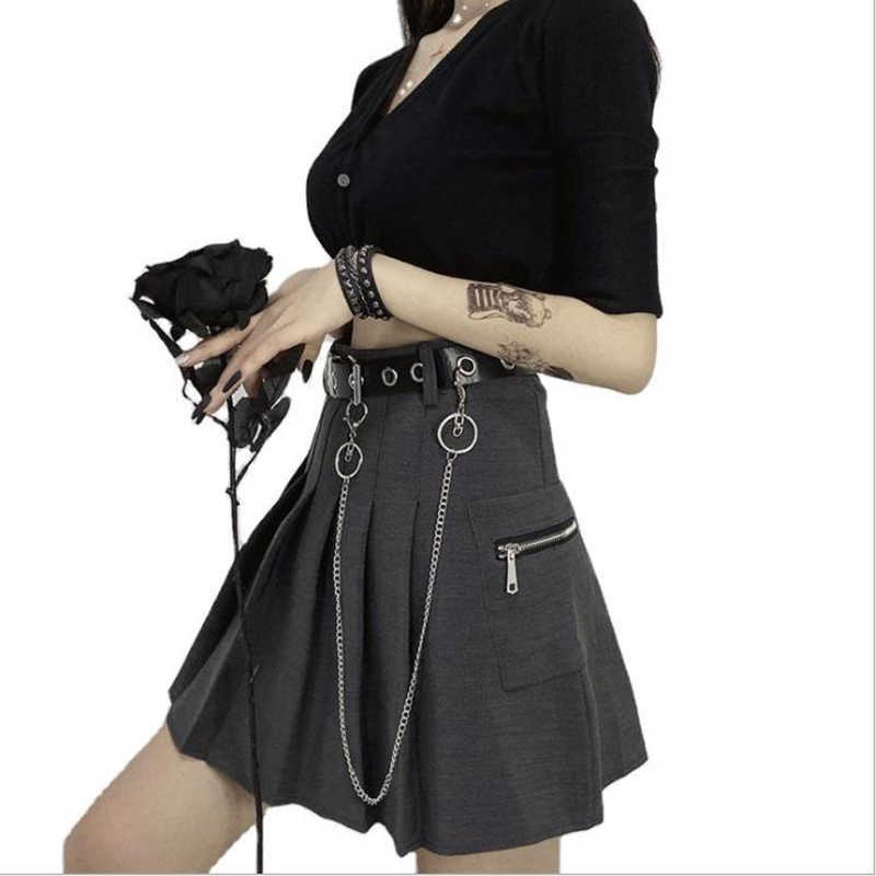 Women Skirts Gothic Short A-Line High-Waist Sexy Chain Korean Fashion Summer Female Student Black Mini Pleated-Skirt 210621